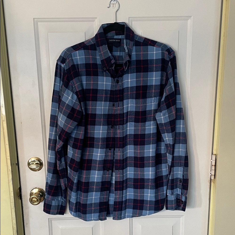 Lands End Casual Plaid Shirt - Navy and Light Blue